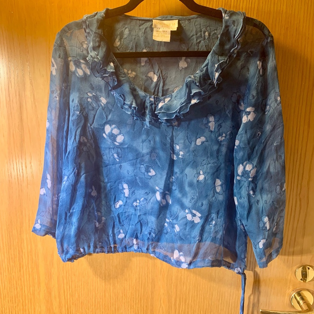 100% Silk, Sheer Floral Blue Women's Crop Top w/ Cinching Tie- Size L
